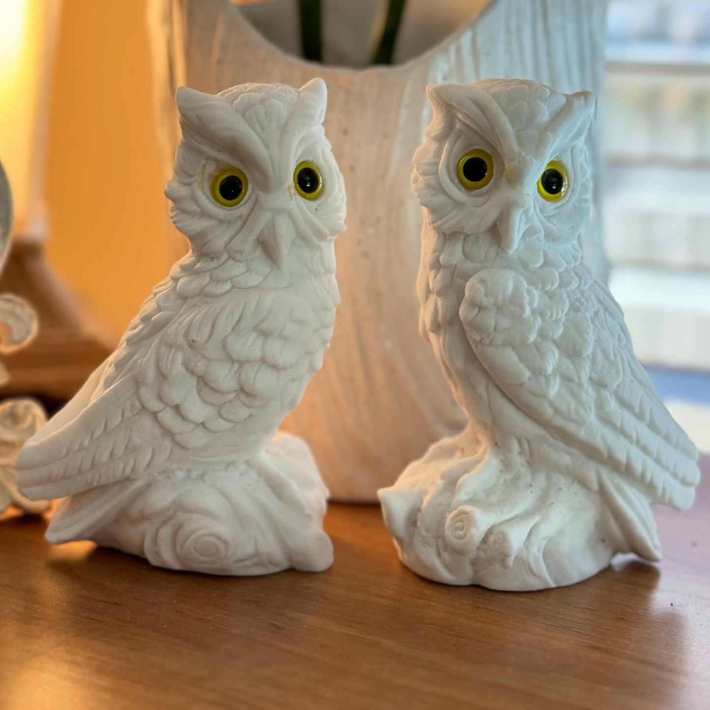 Pair of white Alabaster Owls