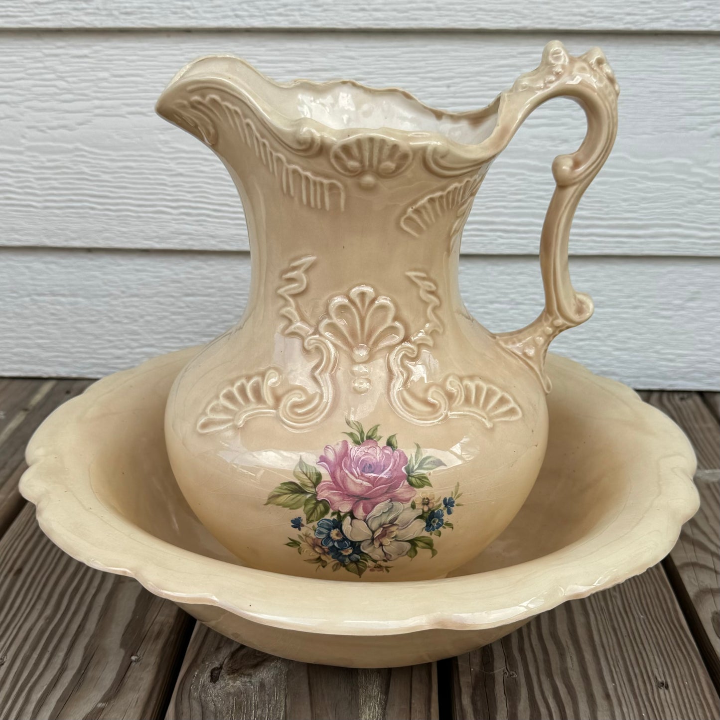 Antique Pitcher & Basin Set (Rose Pattern)