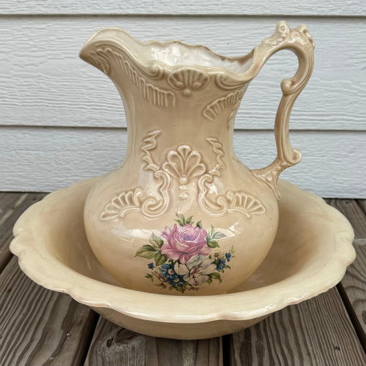 Antique Pitcher & Basin Set (Rose Pattern)