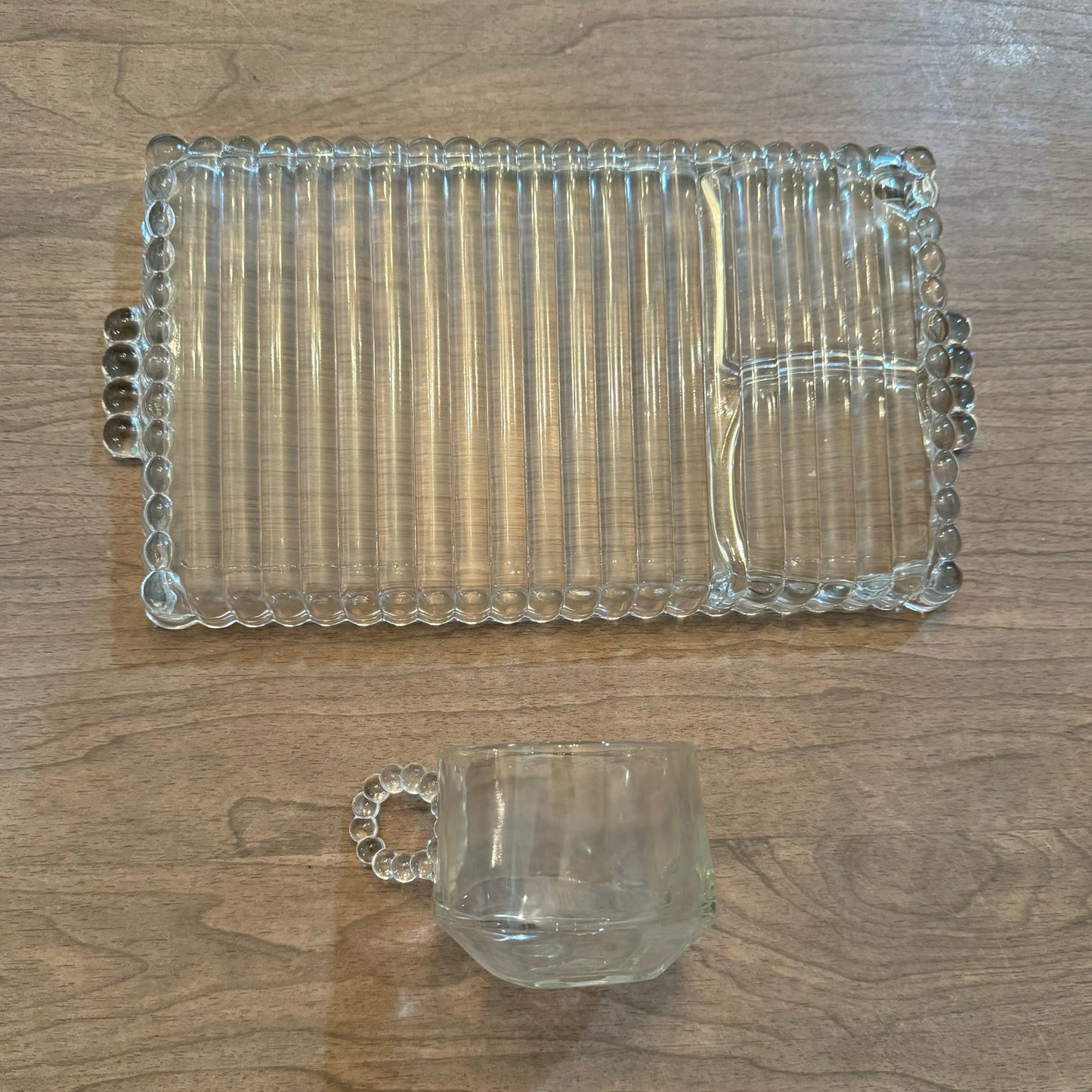 1950s Hazel Atlas Ball & Rib Glass Sip N Smoke Luncheon Snack Tray Vintage (2pc set)