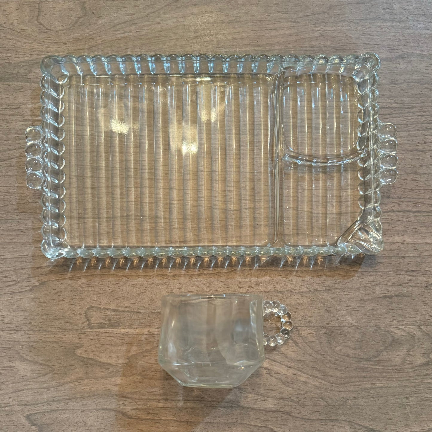 1950s Hazel Atlas Ball & Rib Glass Sip N Smoke Luncheon Snack Tray Vintage (2pc set)