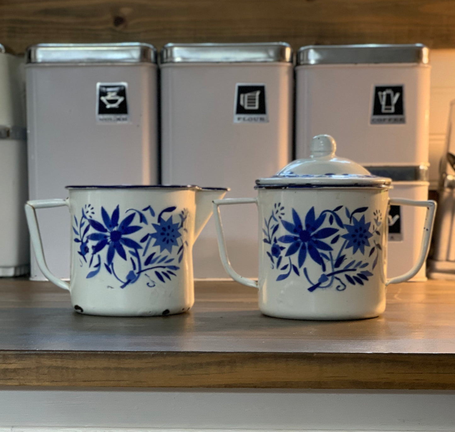 Vintage Enamelware Sugar & Creamer Set Hand Painted Blue Flowers