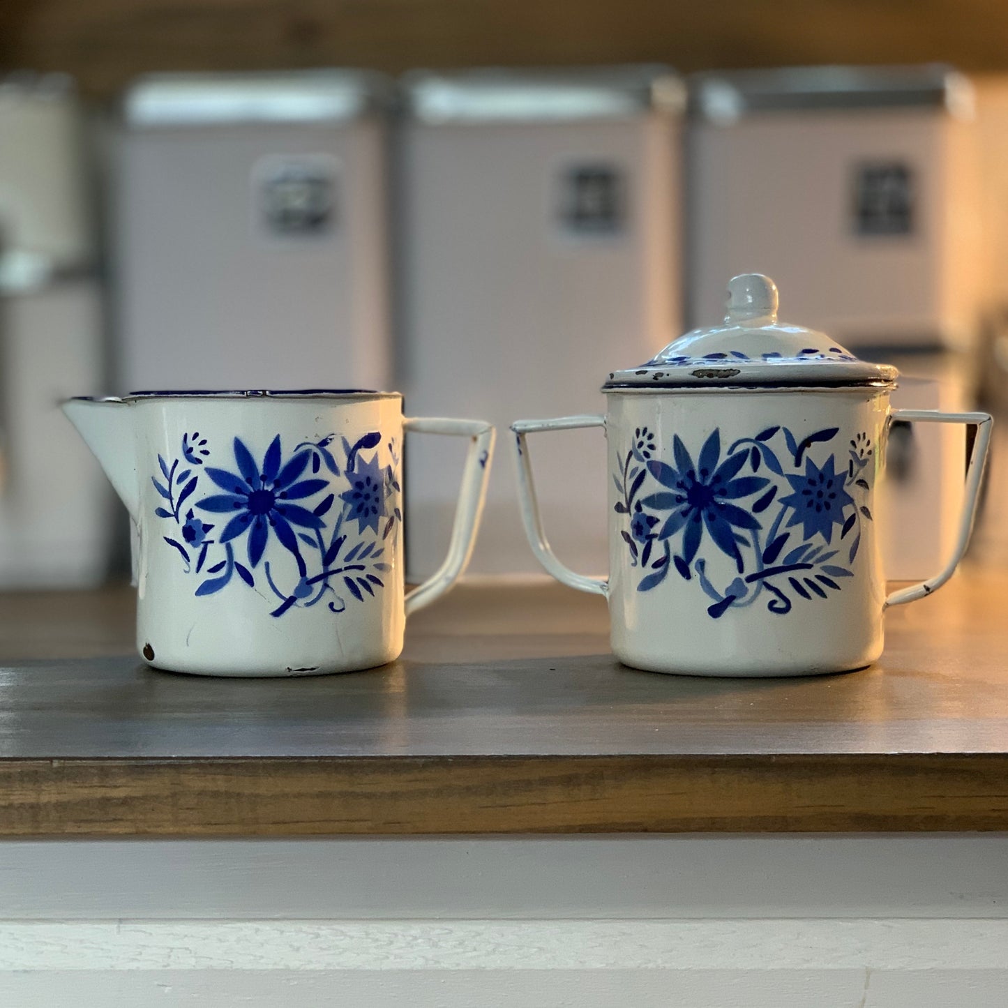 Vintage Enamelware Sugar & Creamer Set Hand Painted Blue Flowers