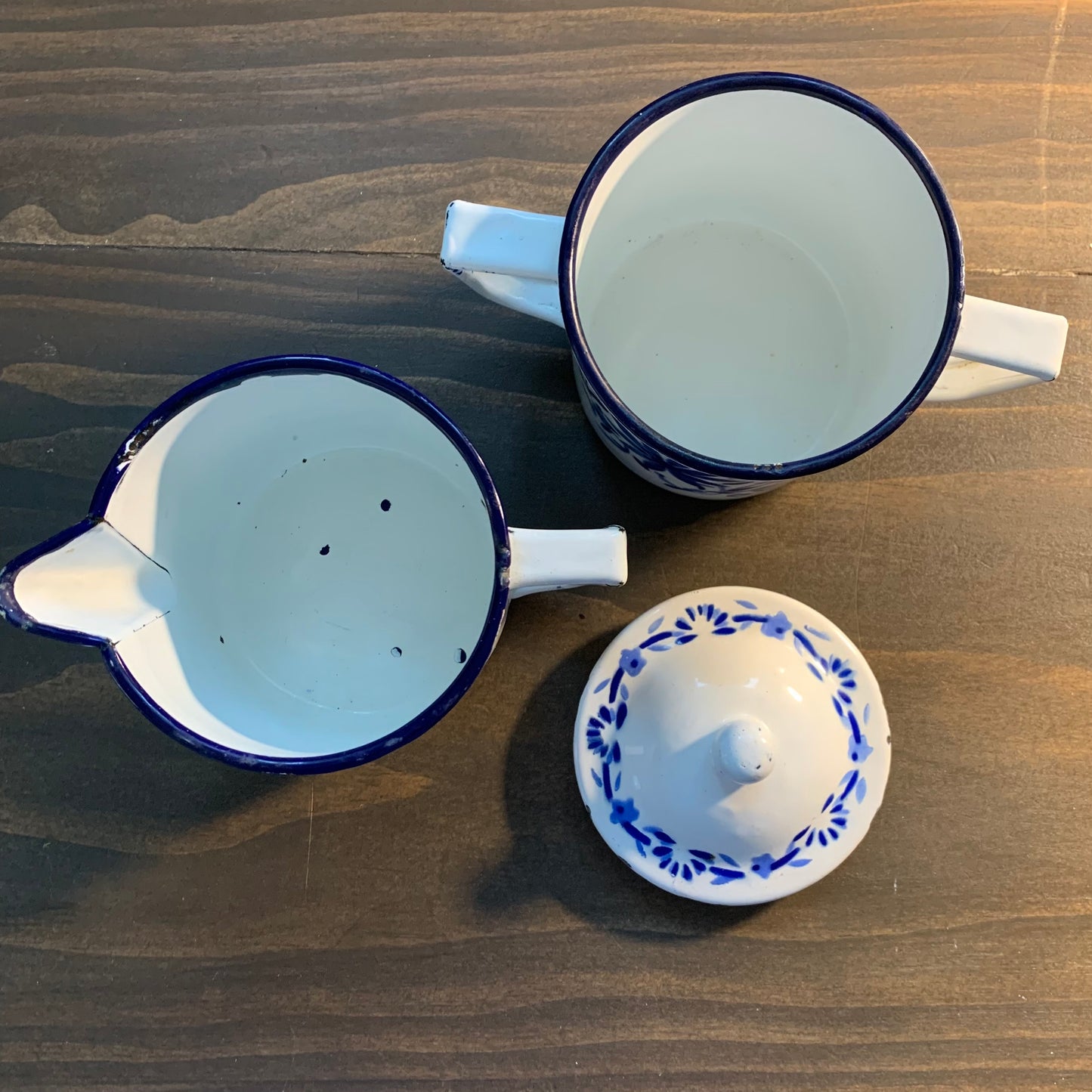Vintage Enamelware Sugar & Creamer Set Hand Painted Blue Flowers