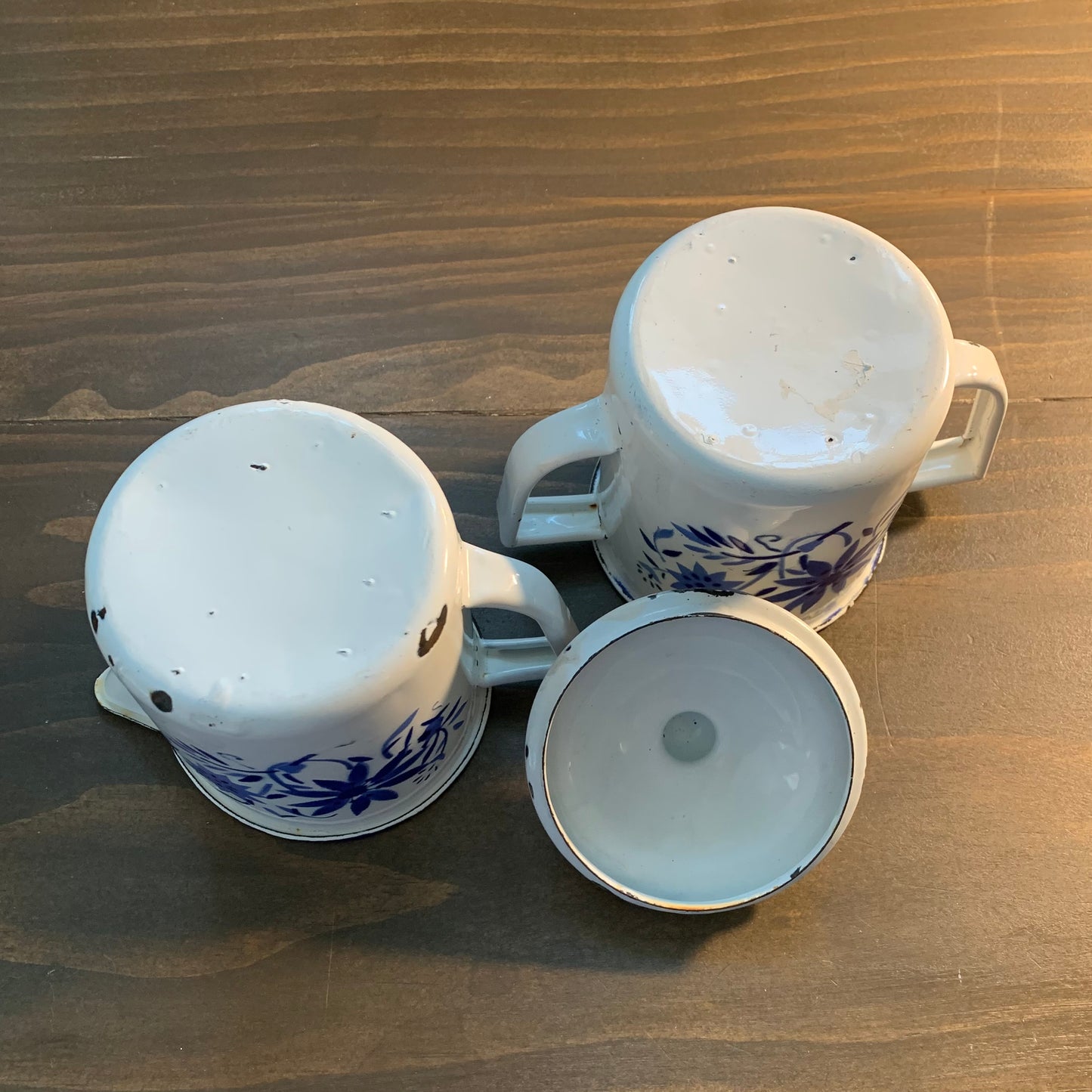Vintage Enamelware Sugar & Creamer Set Hand Painted Blue Flowers