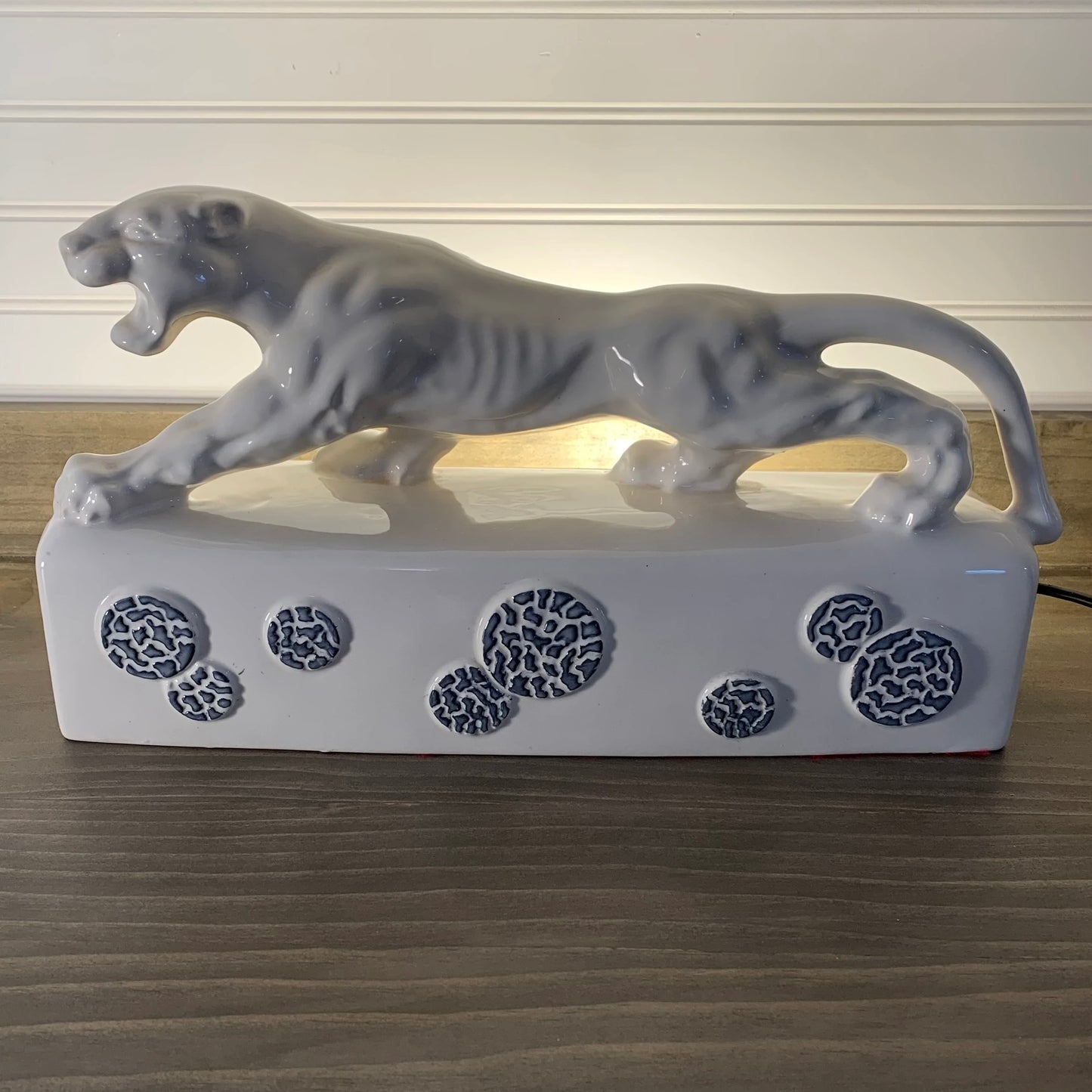 MCM White ceramic "Panther" TV lamp signed "Kron" in 1955.