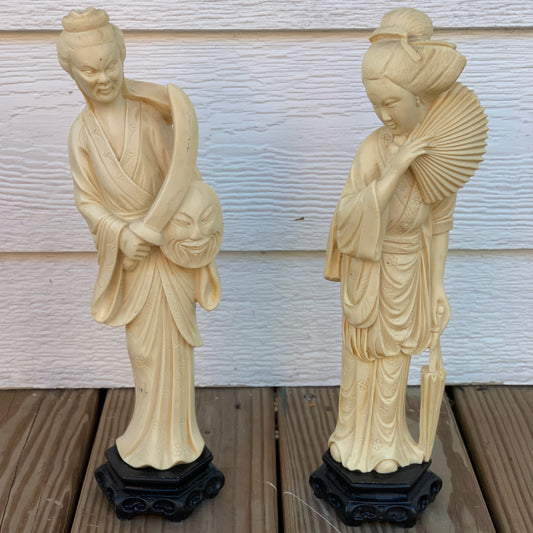 Pair of vintage oriental alabaster resin sculptures