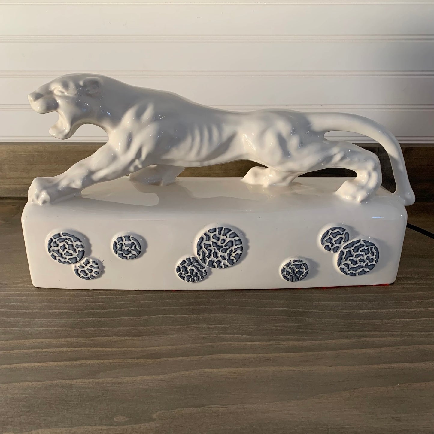 MCM White ceramic "Panther" TV lamp signed "Kron" in 1955.