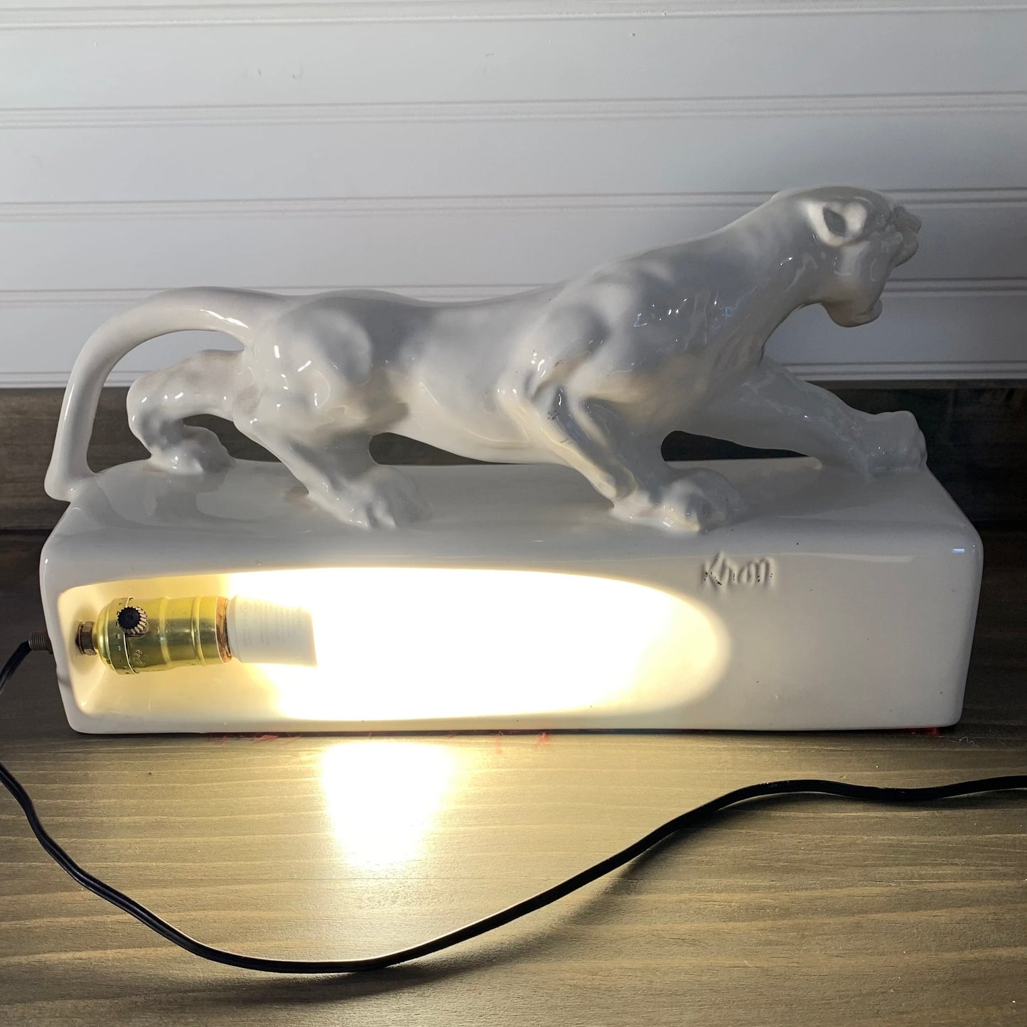 MCM White ceramic "Panther" TV lamp signed "Kron" in 1955.
