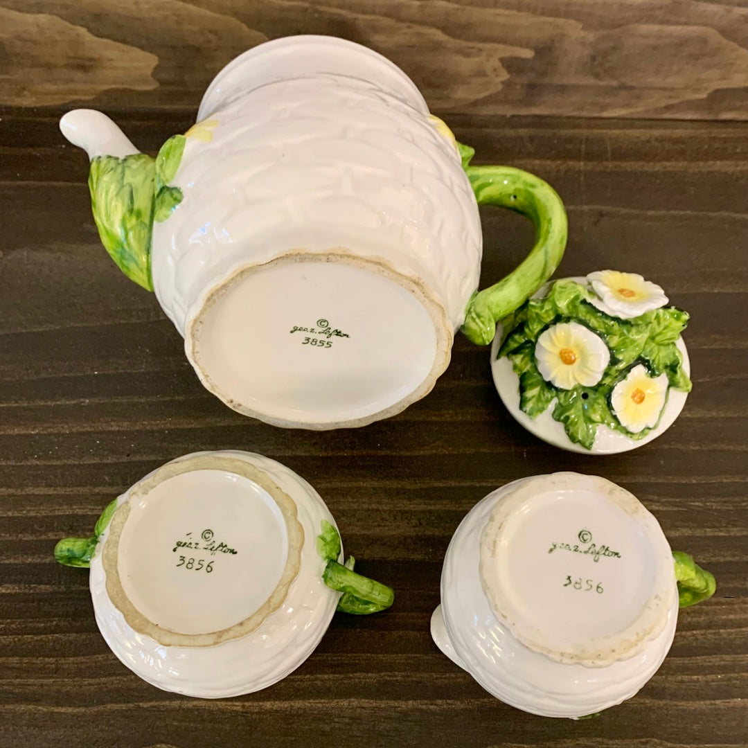 Vintage Rustic Daisy Tea Set, Daisy Tea Pot, Creamer and Sugar Bowl Set by Lefton