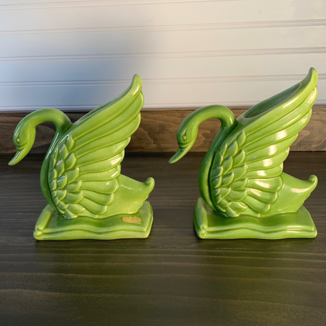 Pair (2) of Royal Haeger USA Spring Green Swan Vases (2) No. R430