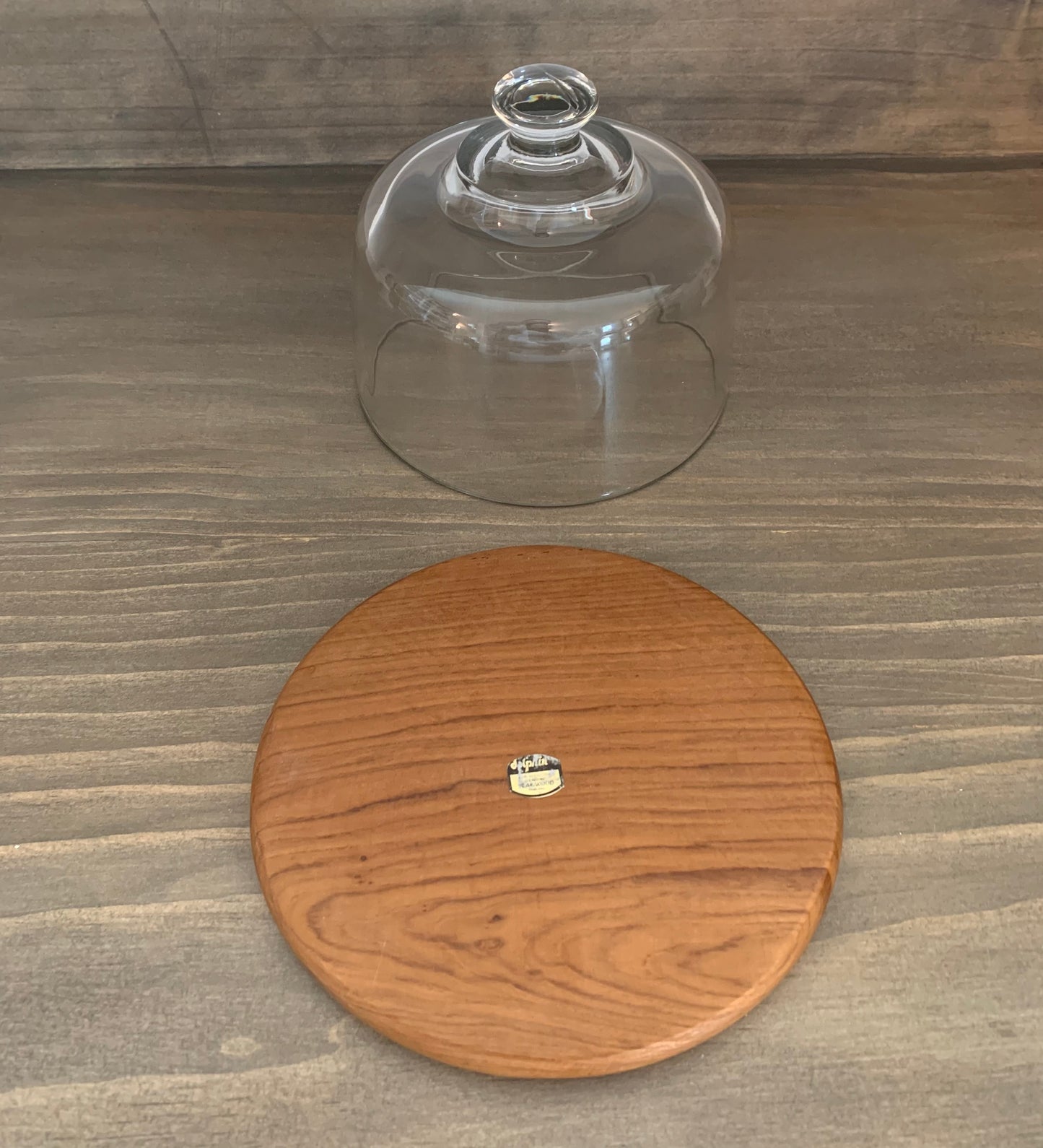 Vintage Dolphin teakwood cheese tray with heavy glass lid.