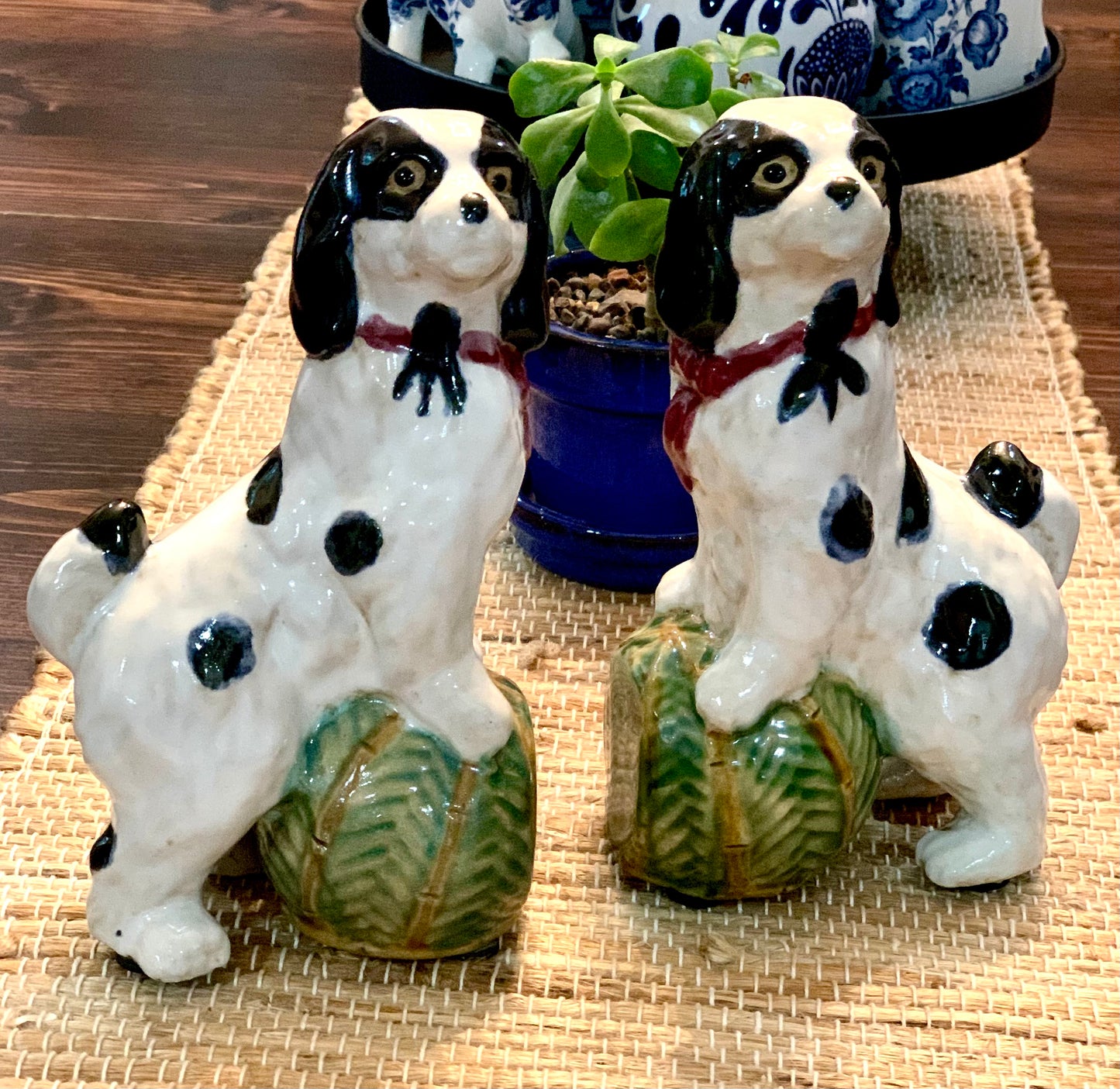 Pair of Majolica Staffordshire Spaniel Dog Bookend