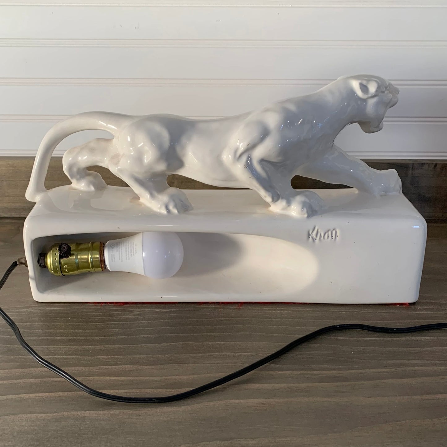 MCM White ceramic "Panther" TV lamp signed "Kron" in 1955.