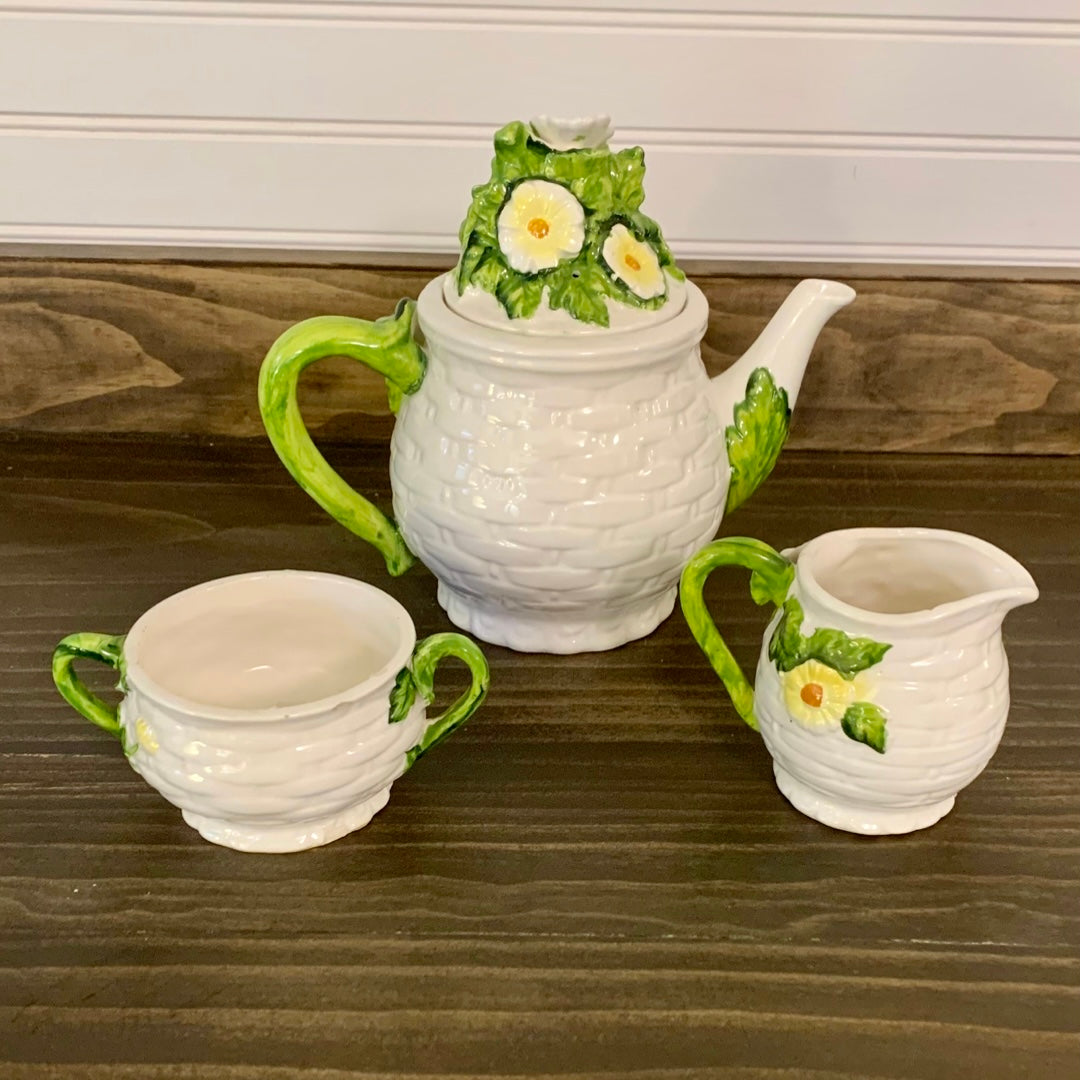 Vintage Rustic Daisy Tea Set, Daisy Tea Pot, Creamer and Sugar Bowl Set by Lefton