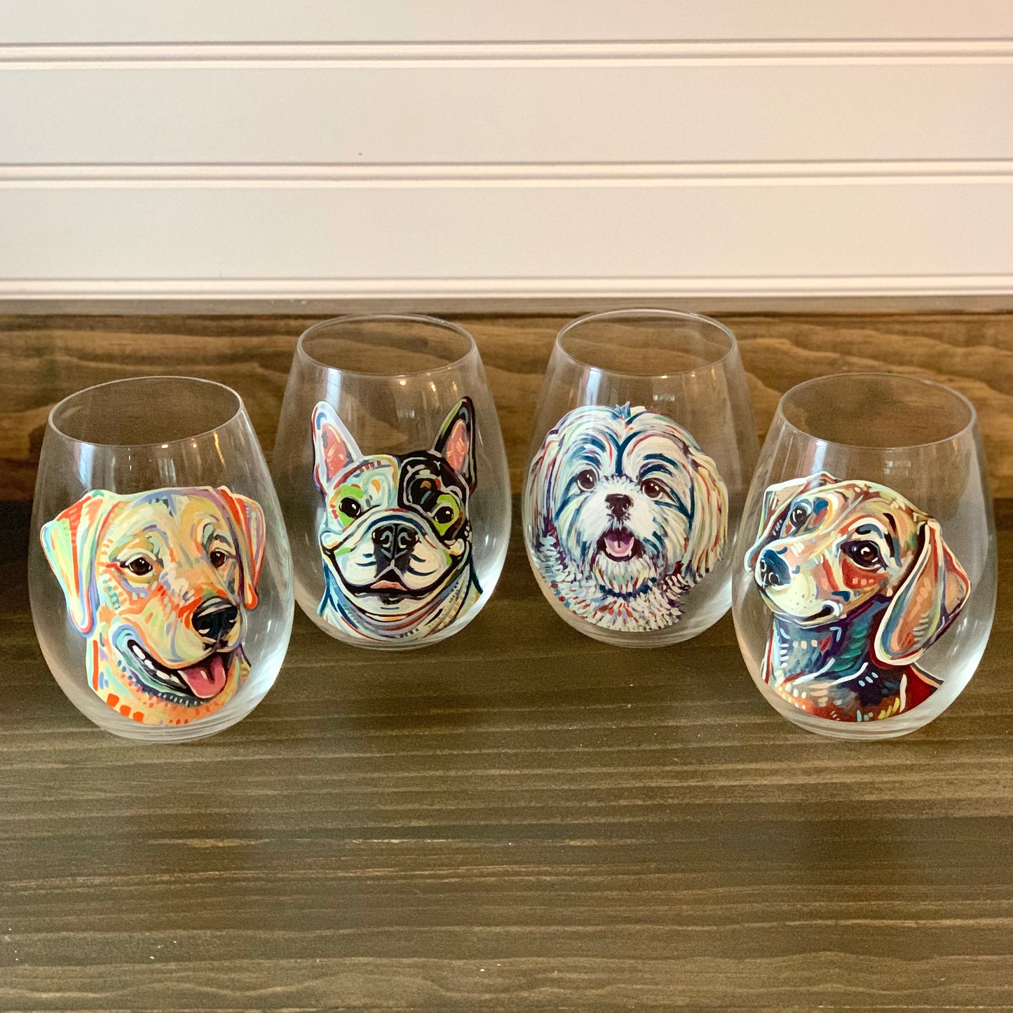 Dog portraits on stemless wine goblets (set of 4)