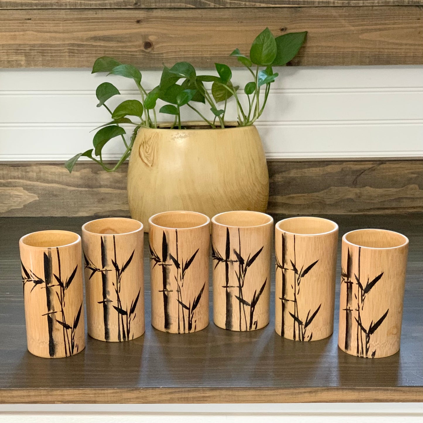 Set of 6 Mid-Century Modern Hand Crafted Bamboo Drinking Tumblers