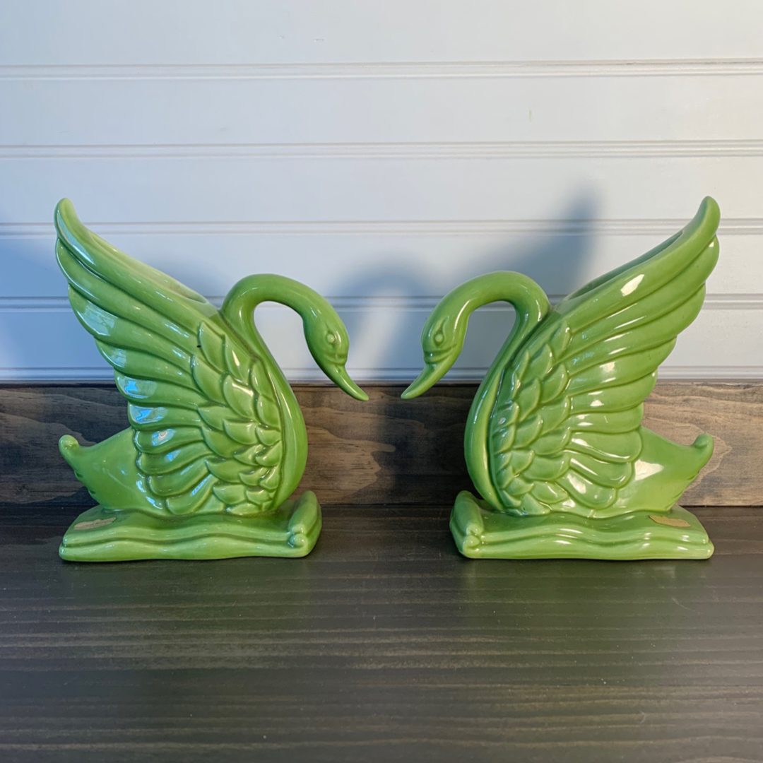 Pair (2) of Royal Haeger USA Spring Green Swan Vases (2) No. R430