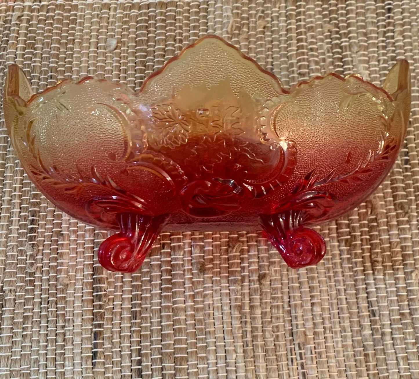 Oval Amber & Red Jeanette Lombardi Glass Mid Century Footed Fruit Bowl.