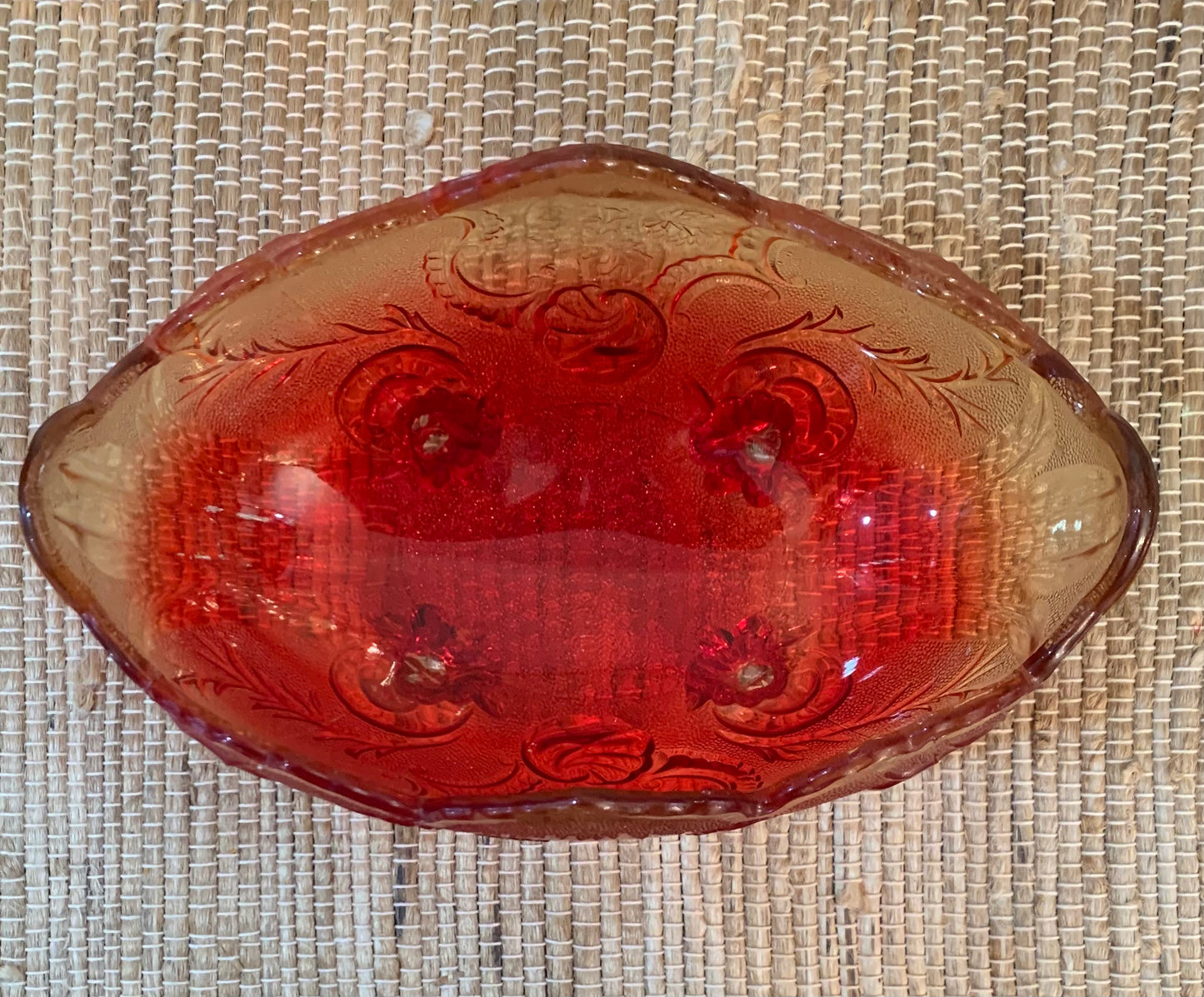 Oval Amber & Red Jeanette Lombardi Glass Mid Century Footed Fruit Bowl.