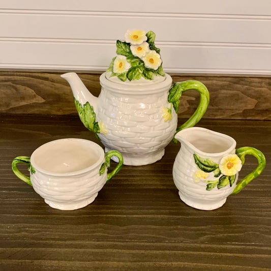 Vintage Rustic Daisy Tea Set, Daisy Tea Pot, Creamer and Sugar Bowl Set by Lefton