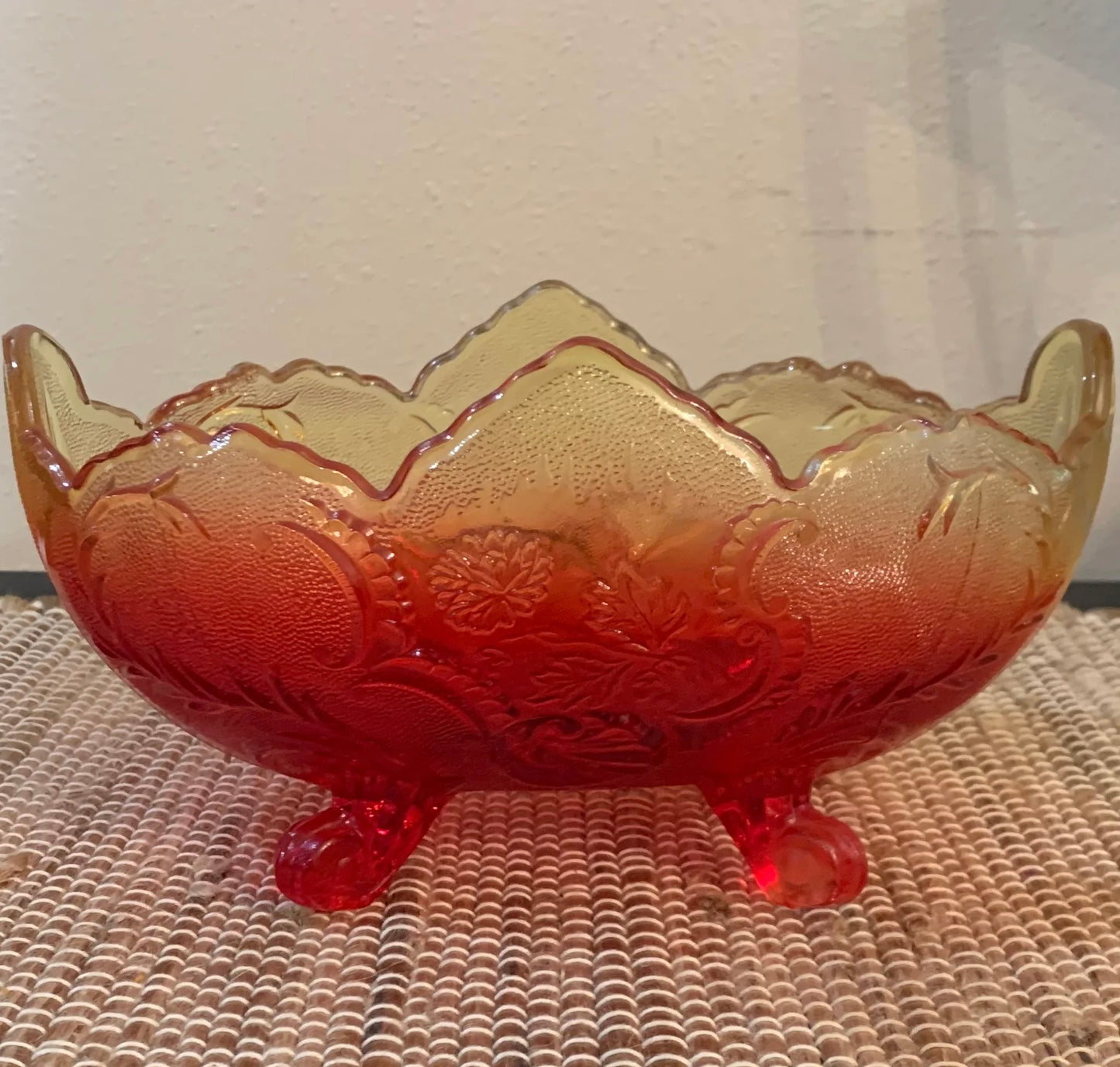 Oval Amber & Red Jeanette Lombardi Glass Mid Century Footed Fruit Bowl.