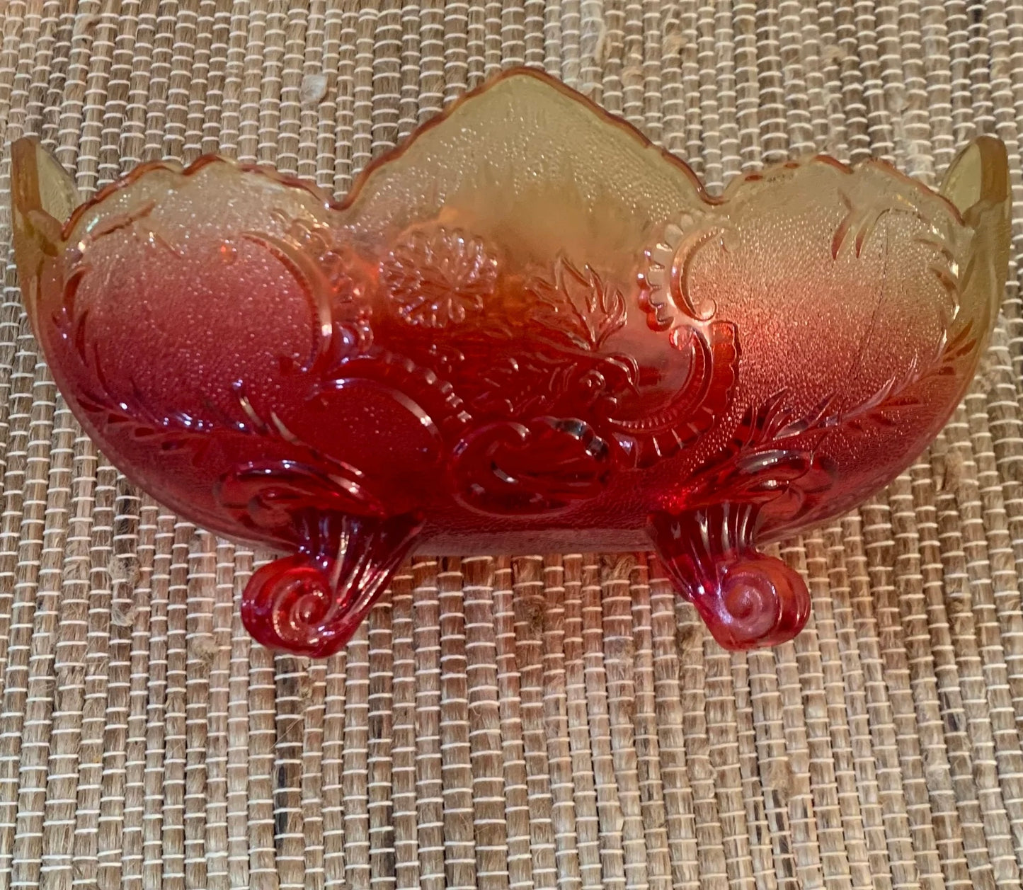 Oval Amber & Red Jeanette Lombardi Glass Mid Century Footed Fruit Bowl.