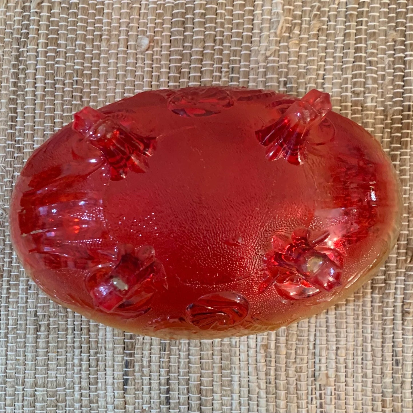 Oval Amber & Red Jeanette Lombardi Glass Mid Century Footed Fruit Bowl.